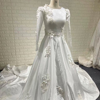 A-line Satin 3D Petals Wedding Dresses with Long Sleeve