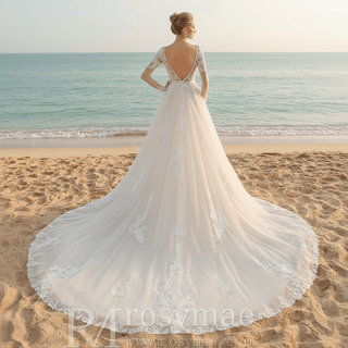 Long Sleeve See Through Tulle A-Line Wedding Dresses - Rosymae