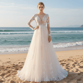 Long Sleeve See Through Tulle A-Line Wedding Dresses - Rosymae
