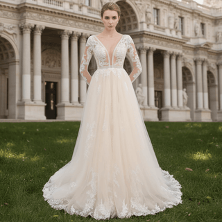 Long Sleeve See Through Tulle A-Line Wedding Dresses - Rosymae