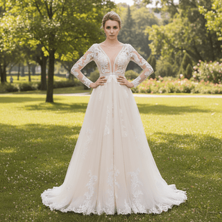 Long Sleeve See Through Tulle A-Line Wedding Dresses - Rosymae