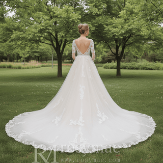 Long Sleeve See Through Tulle A-Line Wedding Dresses - Rosymae