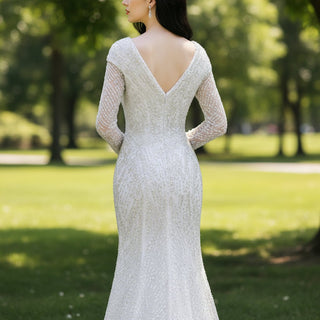 Long Sleeve Sequin Mermaid Wedding Dress with Chapel Train - Rosymae