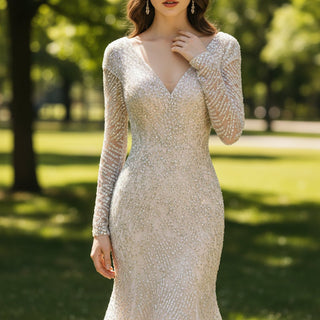Long Sleeve Sequin Mermaid Wedding Dress with Chapel Train - Rosymae