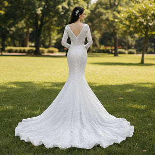 Long Sleeve Sequin Mermaid Wedding Dress with Chapel Train - Rosymae
