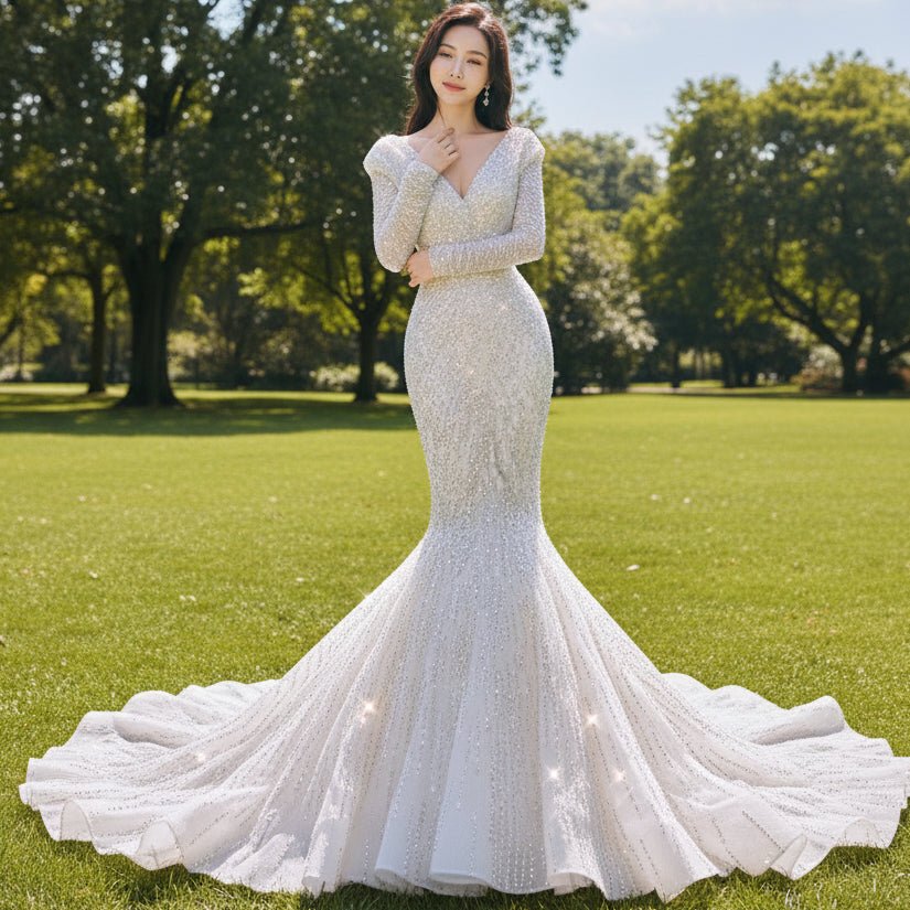 Long Sleeve Sequin Mermaid Wedding Dress with Chapel Train - Rosymae
