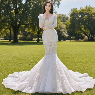 Long Sleeve Sequin Mermaid Wedding Dress with Chapel Train - Rosymae