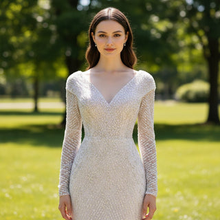 Long Sleeve Sequin Mermaid Wedding Dress with Chapel Train - Rosymae