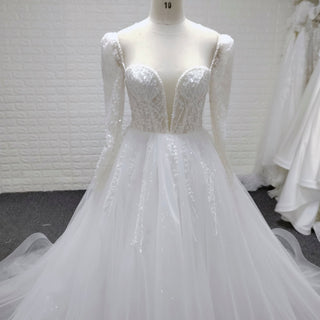 Long Sleeve Sheer Deep Plunge V-Neck Beaded Ball Gown Wedding Dress