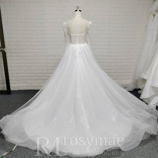 Long Sleeve Sheer Deep Plunge V-Neck Beaded Ball Gown Wedding Dress