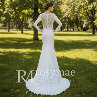 Long Sleeve Sheer High Back Fit Flare Wedding Dress Bridal Gown - Rosymae