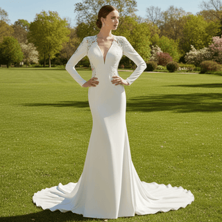 Long Sleeve Sheer High Back Fit Flare Wedding Dress Bridal Gown - Rosymae