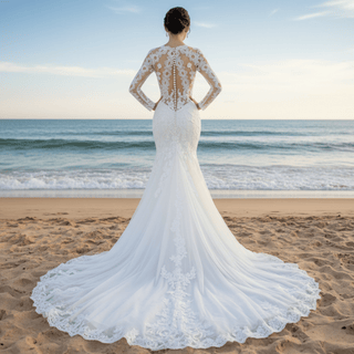 Long Sleeve Sheer Lace Wedding Dress Mermaid Bridal Gown - Rosymae