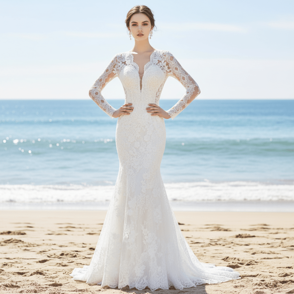 Long Sleeve Sheer Lace Wedding Dress Mermaid Bridal Gown - Rosymae
