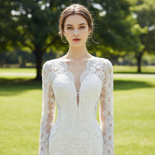 Long Sleeve Sheer Lace Wedding Dress Mermaid Bridal Gown - Rosymae