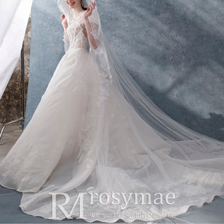 Sheer Floral Lace Long Sleeves Wedding Dresses See Through Bridal Gowns