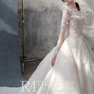 Sheer Floral Lace Long Sleeves Wedding Dresses See Through Bridal Gowns