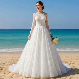 Elegante vestido de novia de tul suave con encaje en forma de A y manga larga