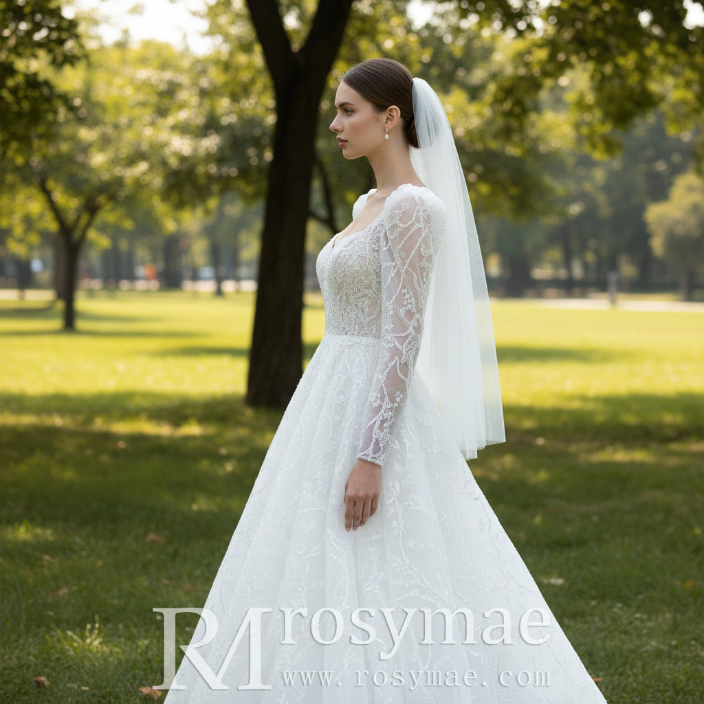 Square Neckline Sparkly A-line Wedding Dress with Long Sleeve Rosymae Square Neckline Sparkly A-line Wedding Dress with Long Sleeve Rosymae