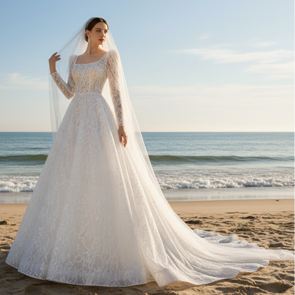 Square Neckline Sparkly A-line Wedding Dress with Long Sleeve Rosymae Square Neckline Sparkly A-line Wedding Dress with Long Sleeve Rosymae