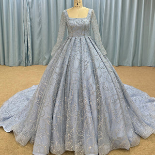 Long Sleeve Sparkly Baby Blue Wedding Dress with Square Neck - Rosymae
