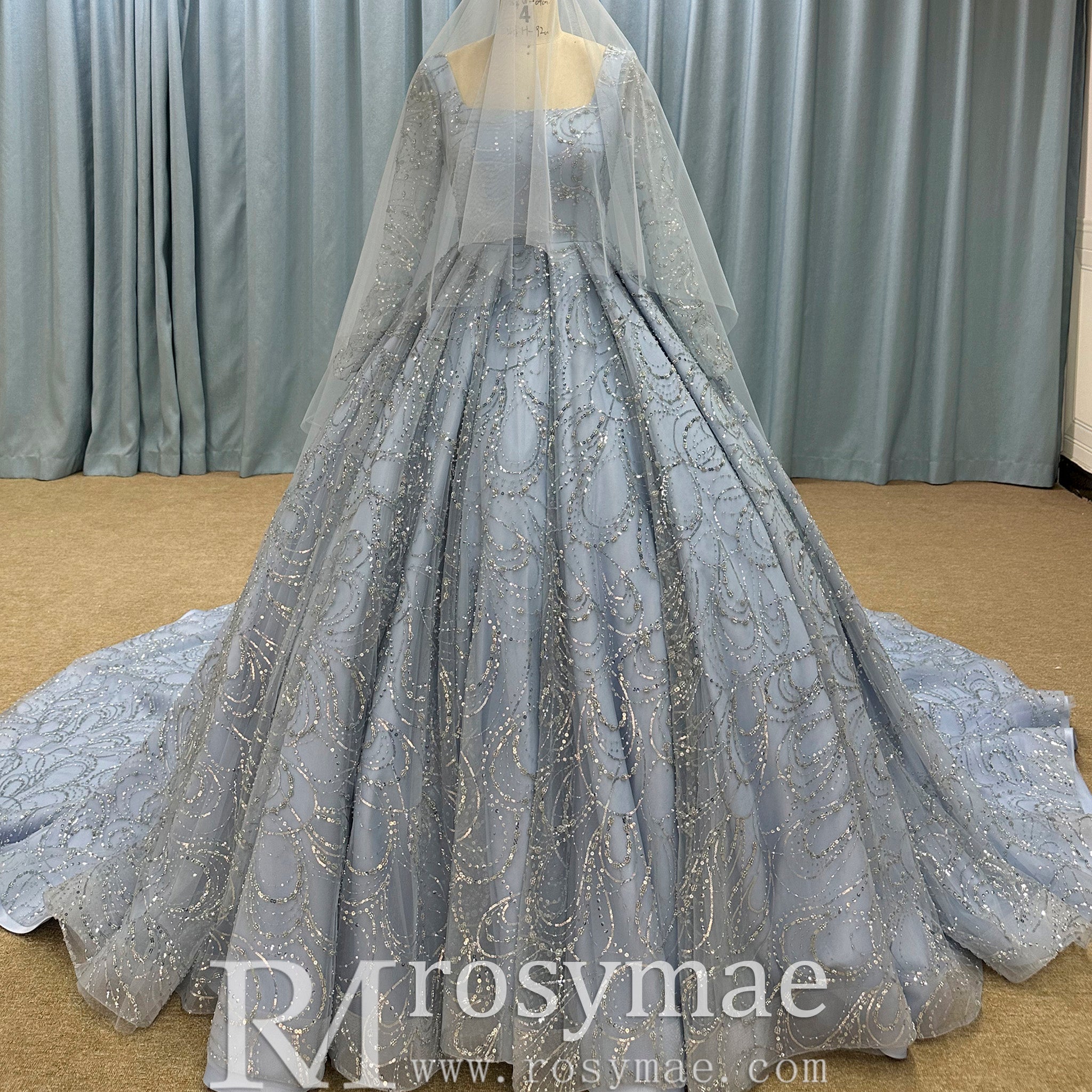 Long Sleeve Sparkly Baby Blue Wedding Dress with Square Neck - Rosymae