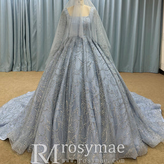 Long Sleeve Sparkly Baby Blue Wedding Dress with Square Neck - Rosymae