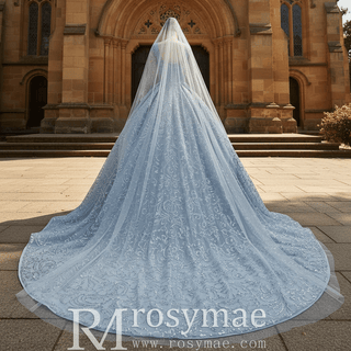 Long Sleeve Sparkly Baby Blue Wedding Dress with Square Neck - Rosymae