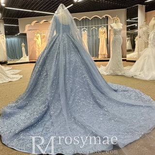 Long Sleeve Sparkly Baby Blue Wedding Dress with Square Neck - Rosymae
