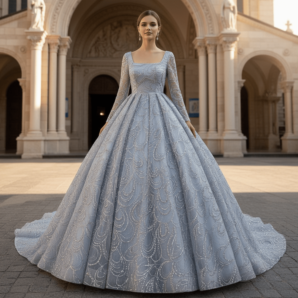 Long Sleeve Sparkly Baby Blue Wedding Dress with Square Neck - Rosymae