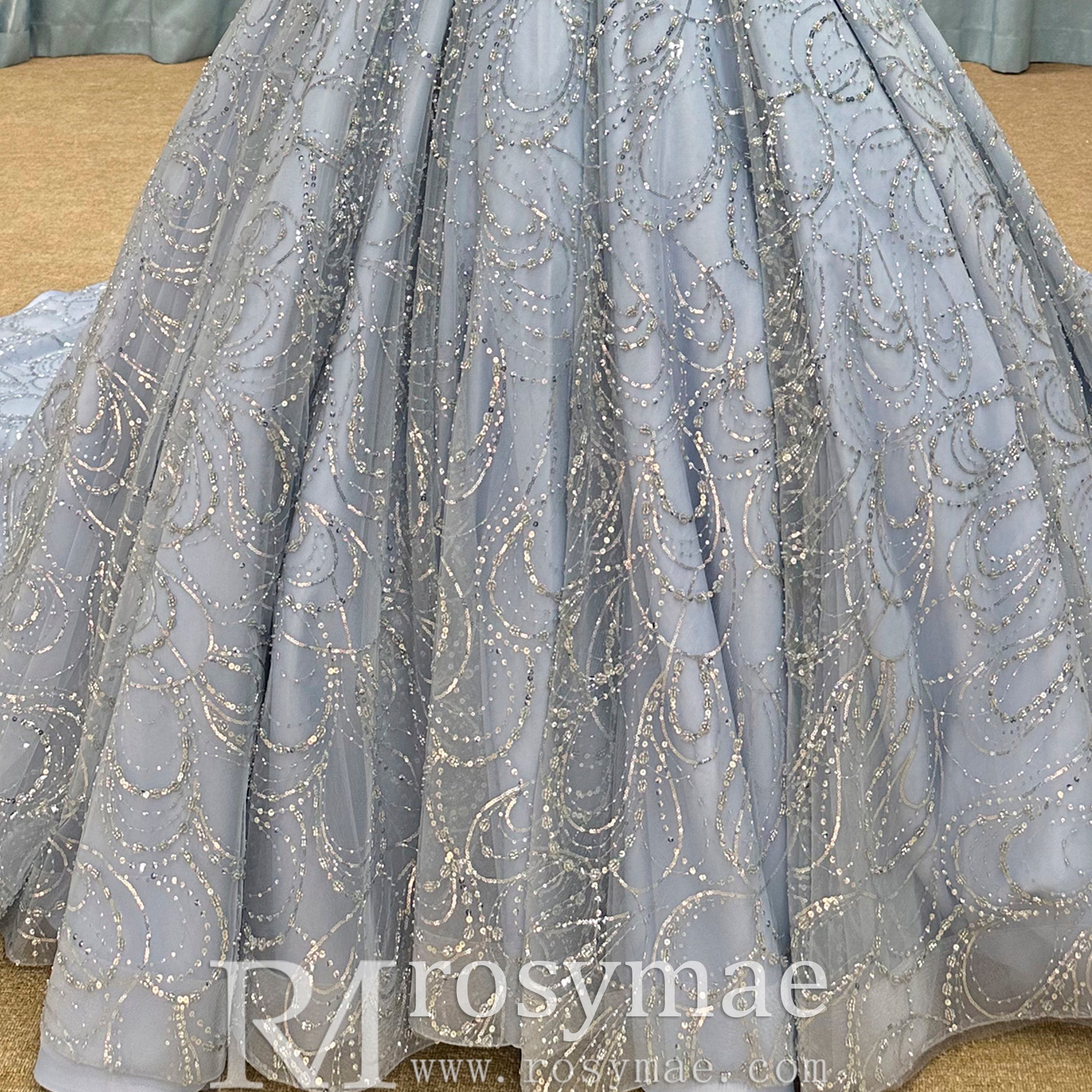 Long Sleeve Sparkly Baby Blue Wedding Dress with Square Neck - Rosymae
