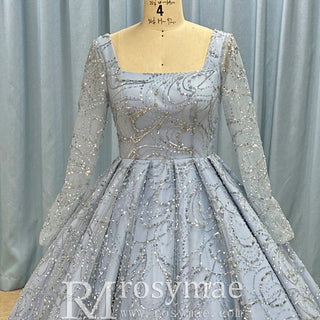 Long Sleeve Sparkly Baby Blue Wedding Dress with Square Neck - Rosymae