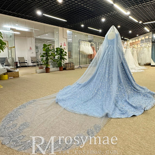 Long Sleeve Sparkly Baby Blue Wedding Dress with Square Neck - Rosymae