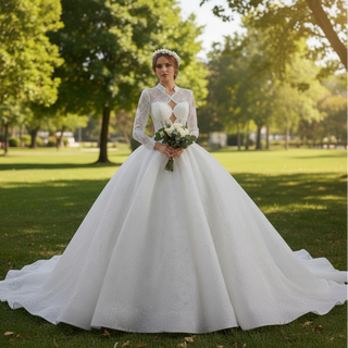 Unique Ball Gown Queen Ann Sparkly Wedding Dress with Multi Keyhole