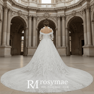 Long Sleeve Sparkly Ball Gown Wedding Dress with V-Neck Lace - Rosymae