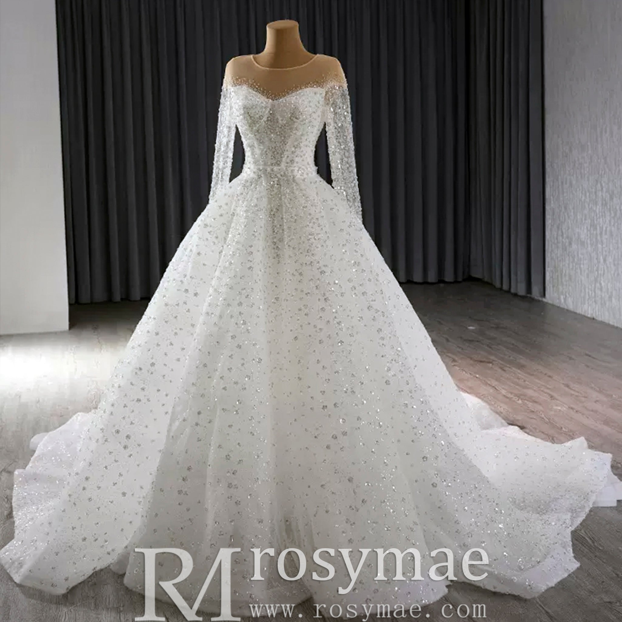 Long Sleeve Sparkly High Back Wedding Dress with Detachable Skirt White / 8 Long Sleeve Sparkly High Back Wedding Dress with Detachable Skirt White / 8