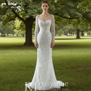 Long Sleeve Sparkly High Back Wedding Dress with Detachable Skirt