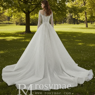 Long Sleeve Sparkly High Back Wedding Dress with Detachable Skirt