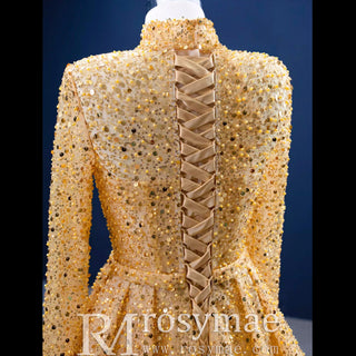 Long Sleeve Sparkly Gold Sequins Evening Dress Mock Neck Prom Gown - Rosymae