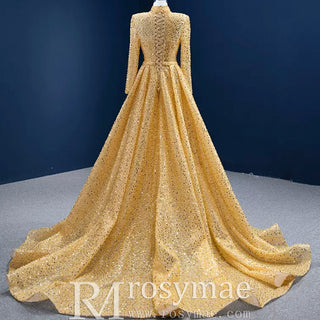 Long Sleeve Sparkly Gold Sequins Evening Dress Mock Neck Prom Gown - Rosymae