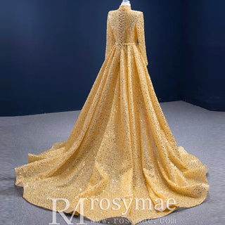 Long Sleeve Sparkly Gold Sequins Evening Dress Mock Neck Prom Gown - Rosymae