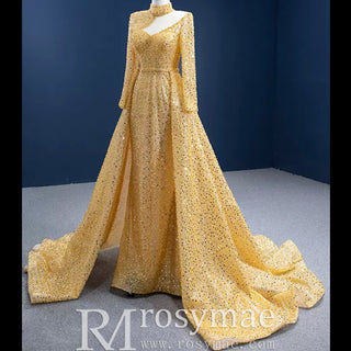 Long Sleeve Sparkly Gold Sequins Evening Dress Mock Neck Prom Gown - Rosymae