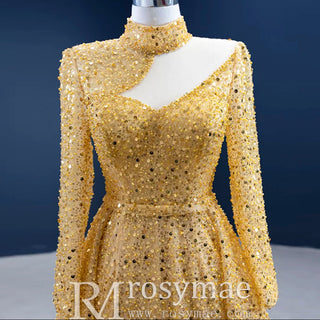 Long Sleeve Sparkly Gold Sequins Evening Dress Mock Neck Prom Gown - Rosymae