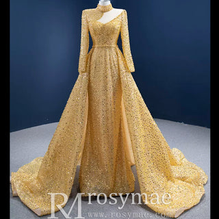 Long Sleeve Sparkly Gold Sequins Evening Dress Mock Neck Prom Gown - Rosymae