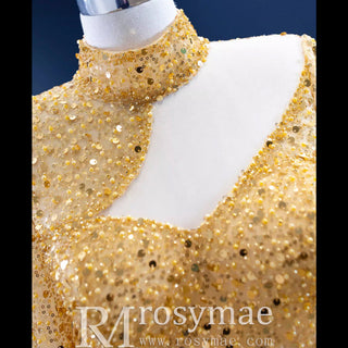 Long Sleeve Sparkly Gold Sequins Evening Dress Mock Neck Prom Gown - Rosymae