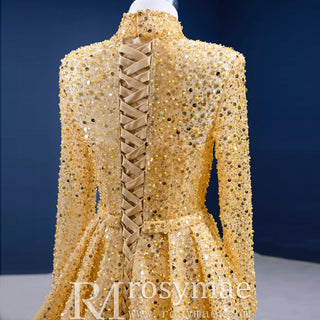 Long Sleeve Sparkly Gold Sequins Evening Dress Mock Neck Prom Gown - Rosymae