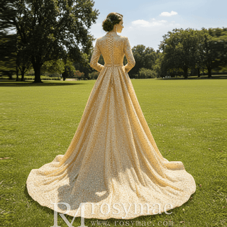 Long Sleeve Sparkly Gold Sequins Evening Dress Mock Neck Prom Gown - Rosymae