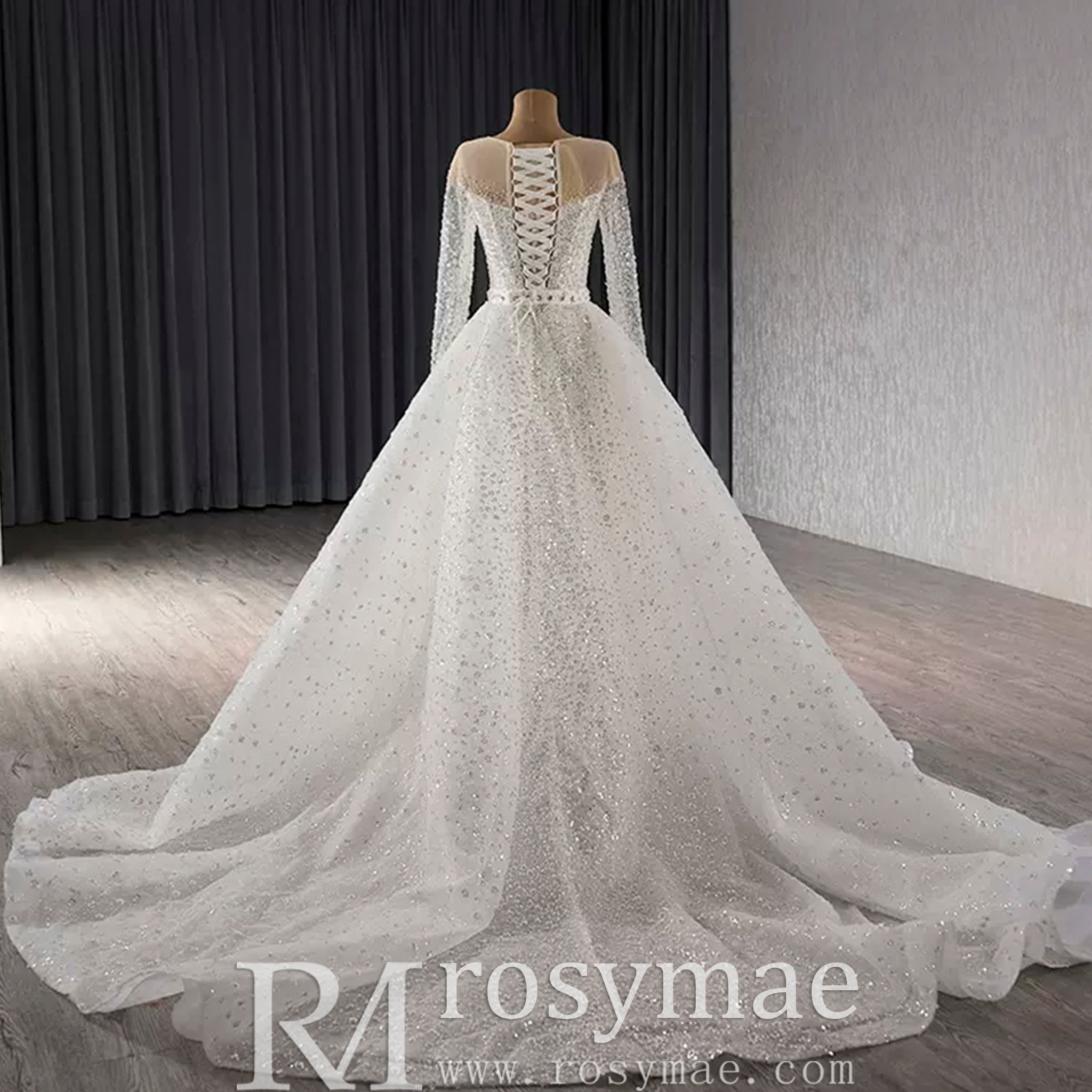 Long Sleeve Sparkly High Back Wedding Dress with Detachable Skirt - Rosymae