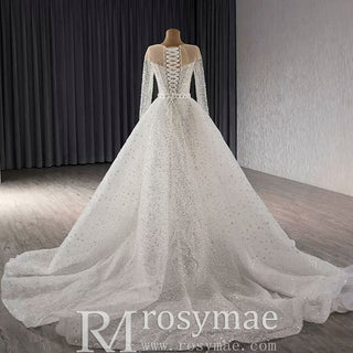 Long Sleeve Sparkly High Back Wedding Dress with Detachable Skirt - Rosymae