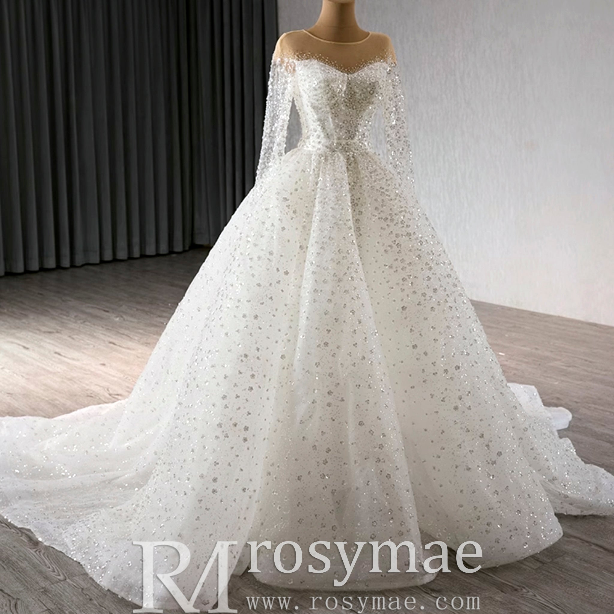 Long Sleeve Sparkly High Back Wedding Dress with Detachable Skirt - Rosymae